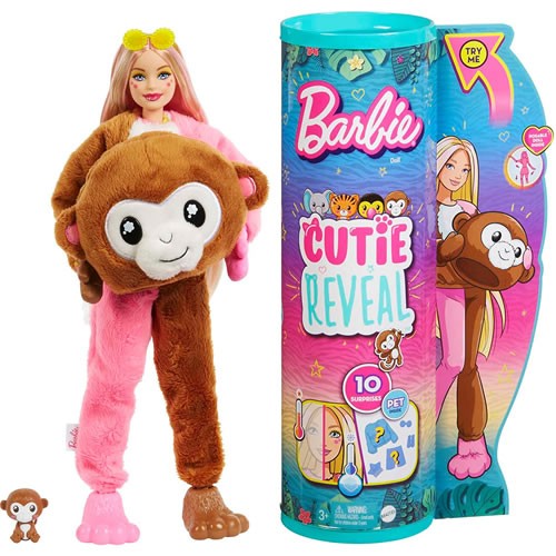 Barbie Dolls - Cutie Reveal Jungle Series - Doll w/ Monkey Plush Costume